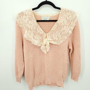 VTG Sweater Loft Lace Collar V-Neck Sweater M Peachy Pink/Cream Lace